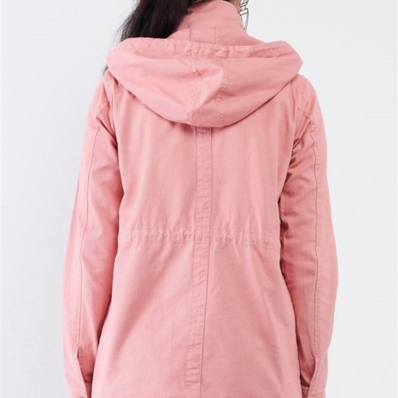 Washed Blush Pink Cotton Front Zip-Up Button Down Detachable Hood Utility Jacket - Picture 4 of 5